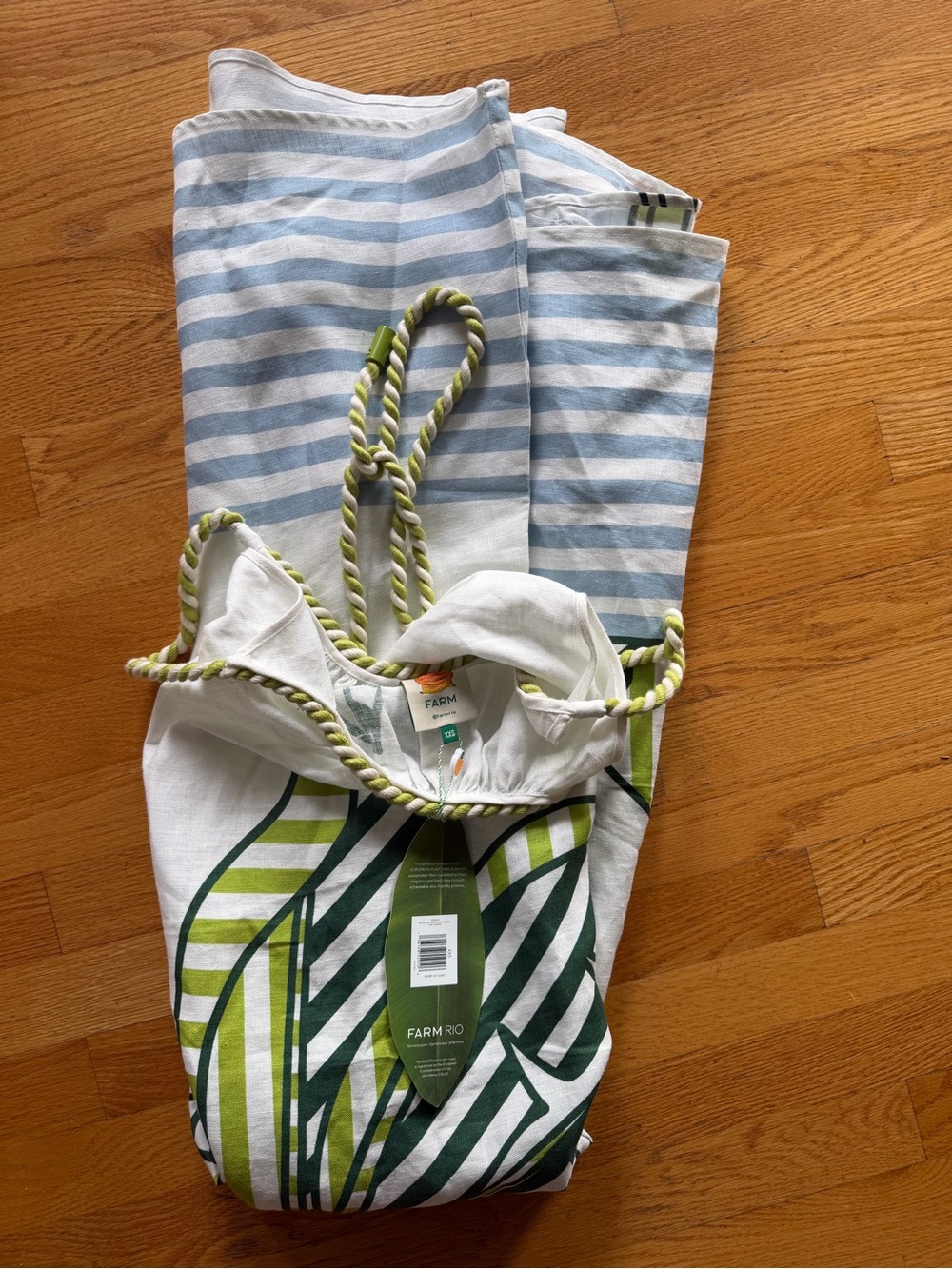 Farm Rio White & Green Banana Leaf Print Maxi Dress with Rope Belt xxs - Picture 4 of 5